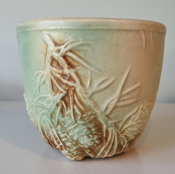 McCoy Pottery Vintage Rustic Line Pine Cone Jardiniere Planter 1940s Brown Aqua - Picture 1 of 8